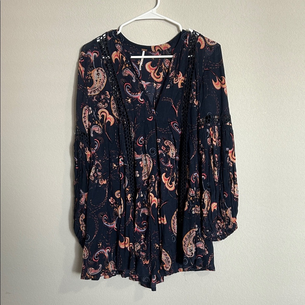 Free People Just The Two Of Us Navy Paisley Long Sleeve Tunic Top